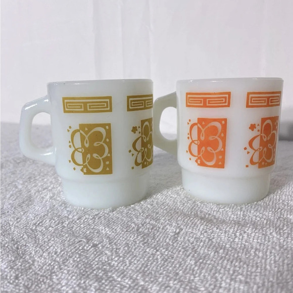 Vintage Anchor Hocking Yellow & Orange Atomic Cloud Pattern Stacking Mugs x2 - Picture 5 of 11